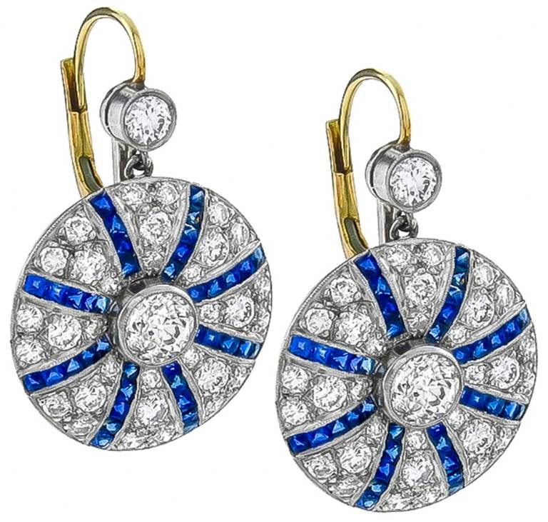 Art Deco Sapphire Diamond Platinum Gold Earrings