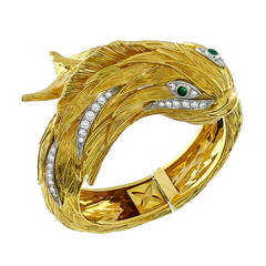 1960s Diamond Emerald Gold Fish Bangle