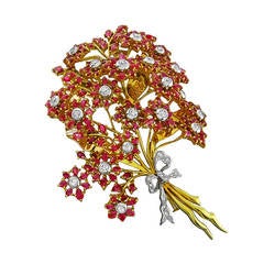 1960s Diamond Ruby Gold Flower Bouquet Pin