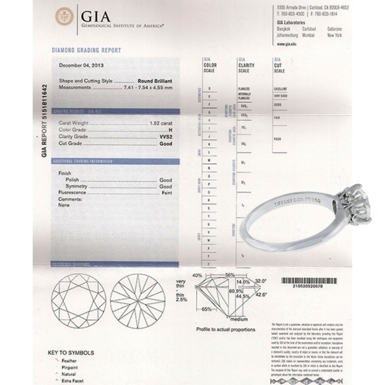 Made of platinum, this ring centers a GIA certified round brilliant cut diamond that weighs 1.52ct. and is graded H color with VVS2 clarity.
The size of the ring is 5 1/2, and can be resized.

Inventory #E31149EROB