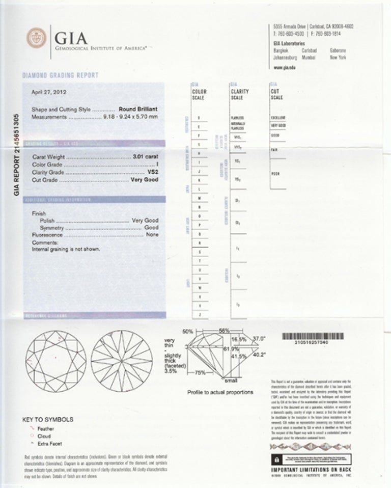 Round Cut 3.01 Carat GIA Certified Diamond Platinum Ring For Sale