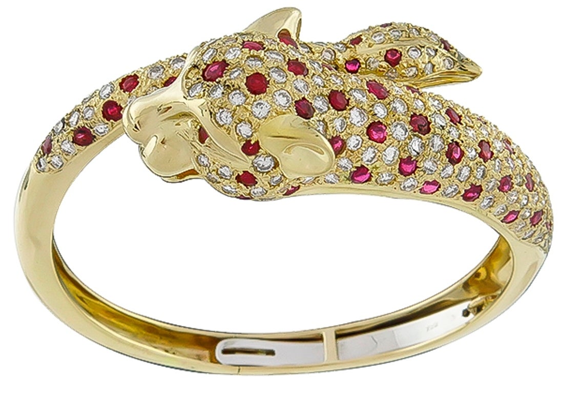 Contemporary Ruby Diamond Gold Panther Bangle