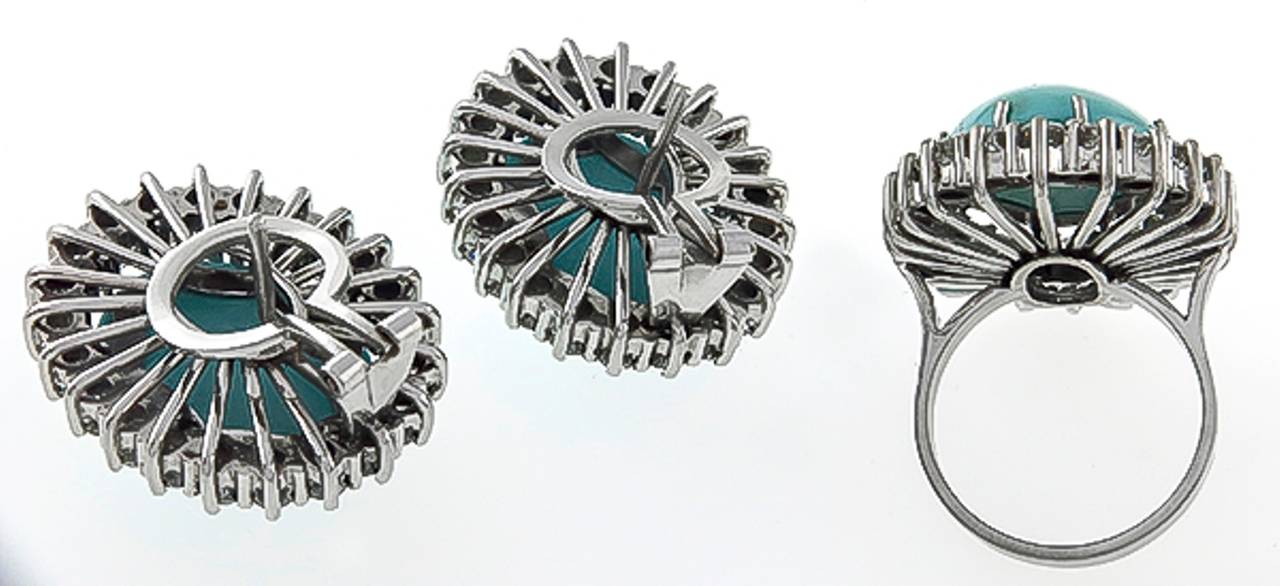 Persian Turquoise Diamond Gold Ring and Earrings Set In Excellent Condition In New York, NY