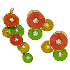 Enamel Diamond Gold Necklace and Earrings Set