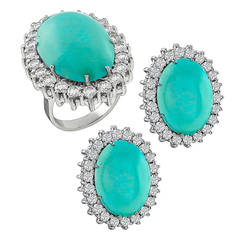 Persian Turquoise Diamond Gold Ring and Earrings Set