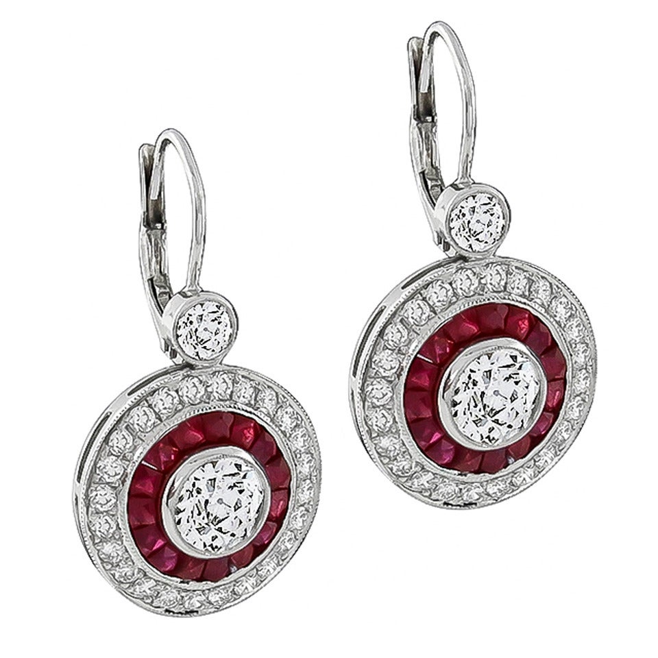 GIA Cert 2.12 Carat Diamond Ruby Gold Target Earrings