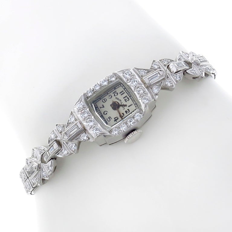 Hamilton Lady's Platinum and Diamond Bracelet Watch In New Condition In New York, NY