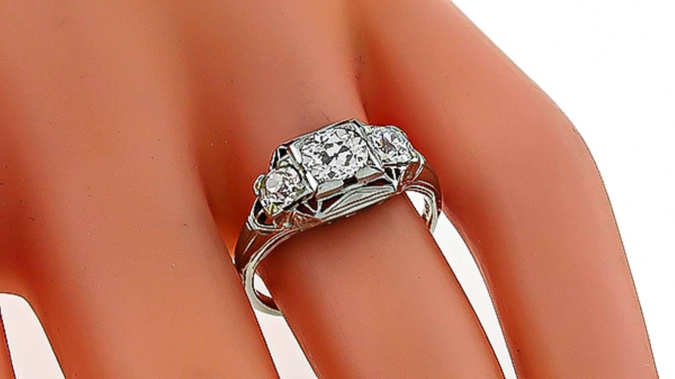 Women's Edwardian Three Stone White Gold Engagement Ring For Sale