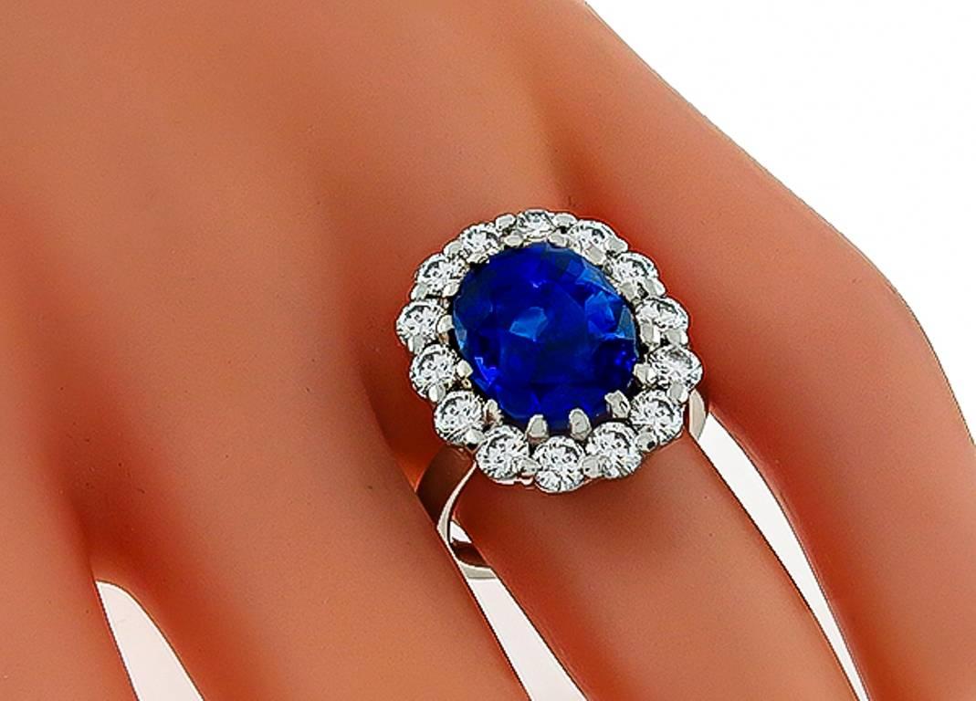 Made of platinum, this ring centers a GIA certified vivid blue oval cut sapphire that weighs 6.98ct. The sapphire is accentuated sparkling round cut diamonds that weigh approximately 2.00ct. and are graded F-G color with VS1 clarity.
The ring is