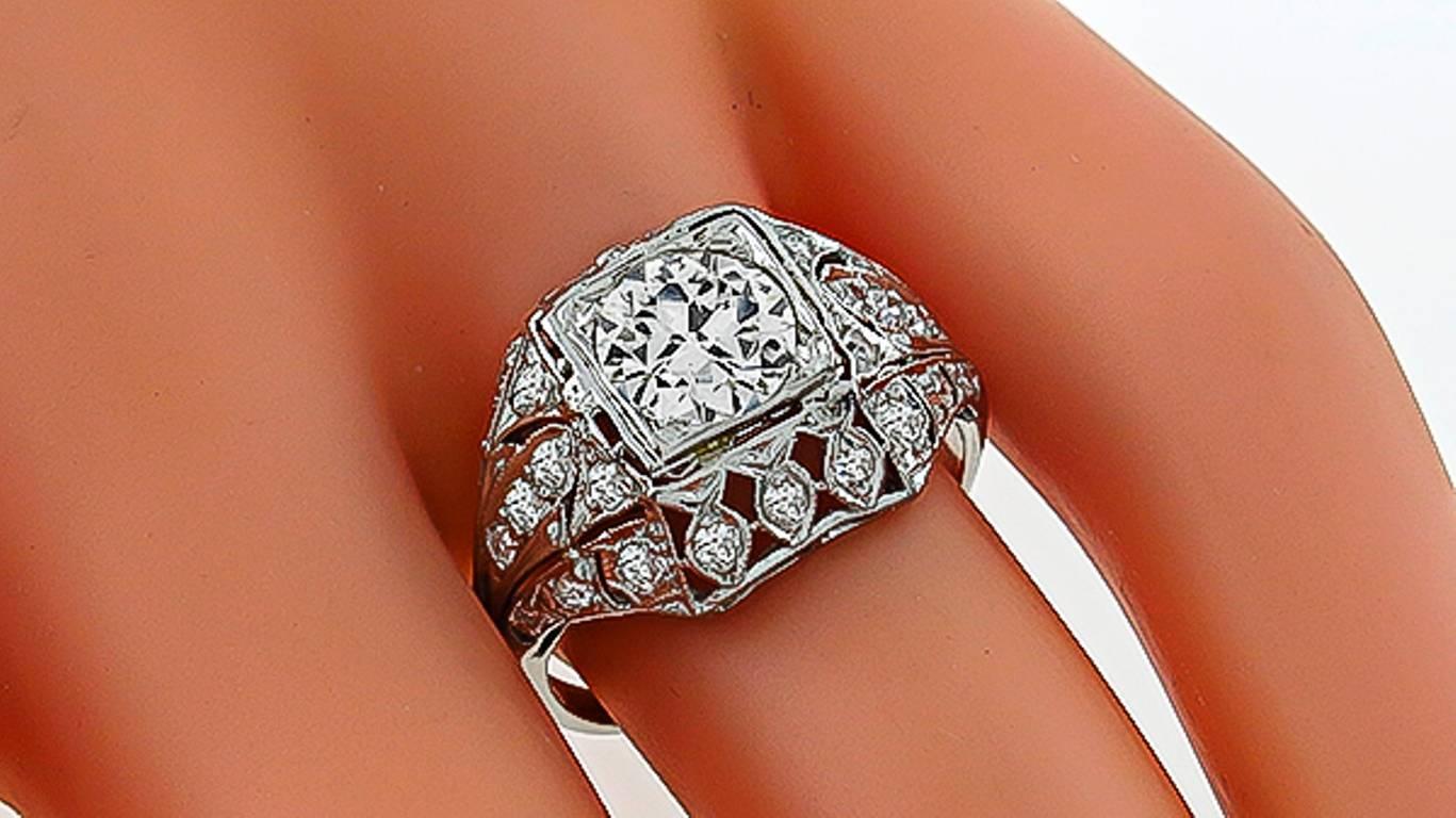Art Deco 1.25 Carat Old Mine Cut Diamond Platinum Engagement Ring For Sale