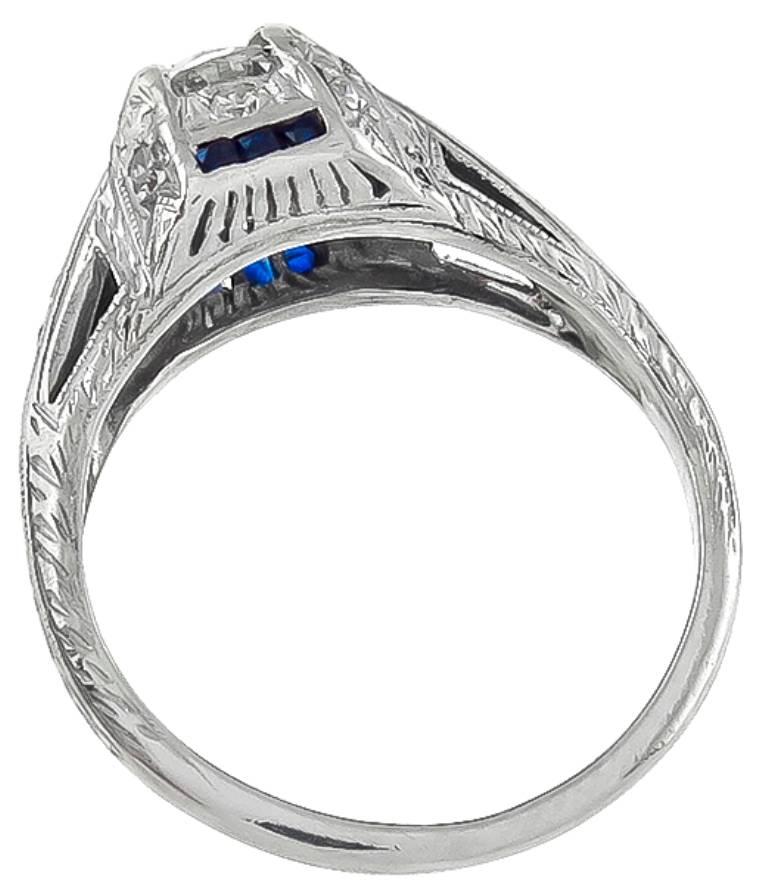 Art Deco 0.65 Old Mine Cut Diamond Sapphire Platinum Engagement Ring For Sale