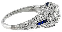 0.65 Old Mine Cut Diamond Sapphire Platinum Engagement Ring