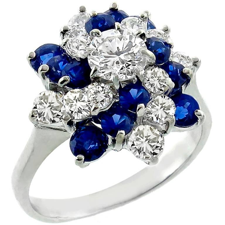 Round Cut 1970s Sapphire Diamond Gold Cluster Ring