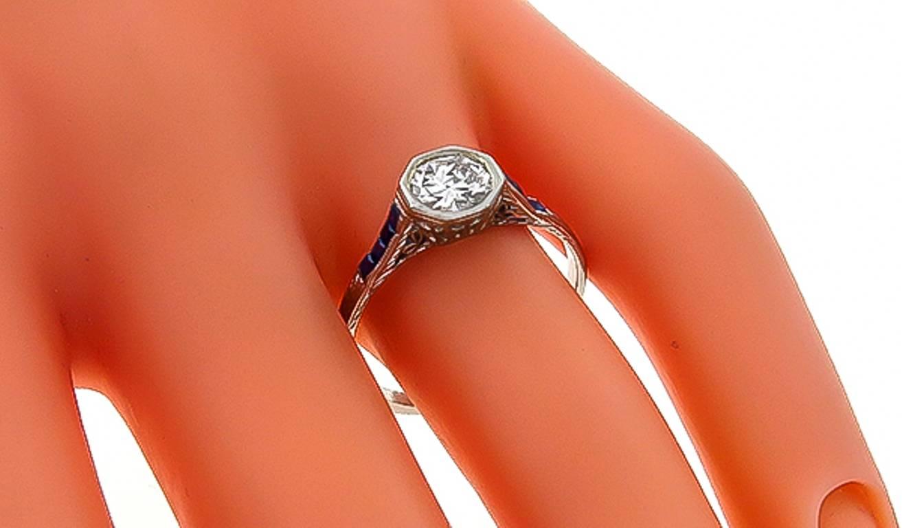 Art Deco Antique GIA 0.68ct Diamond Sapphire Engagement Ring For Sale