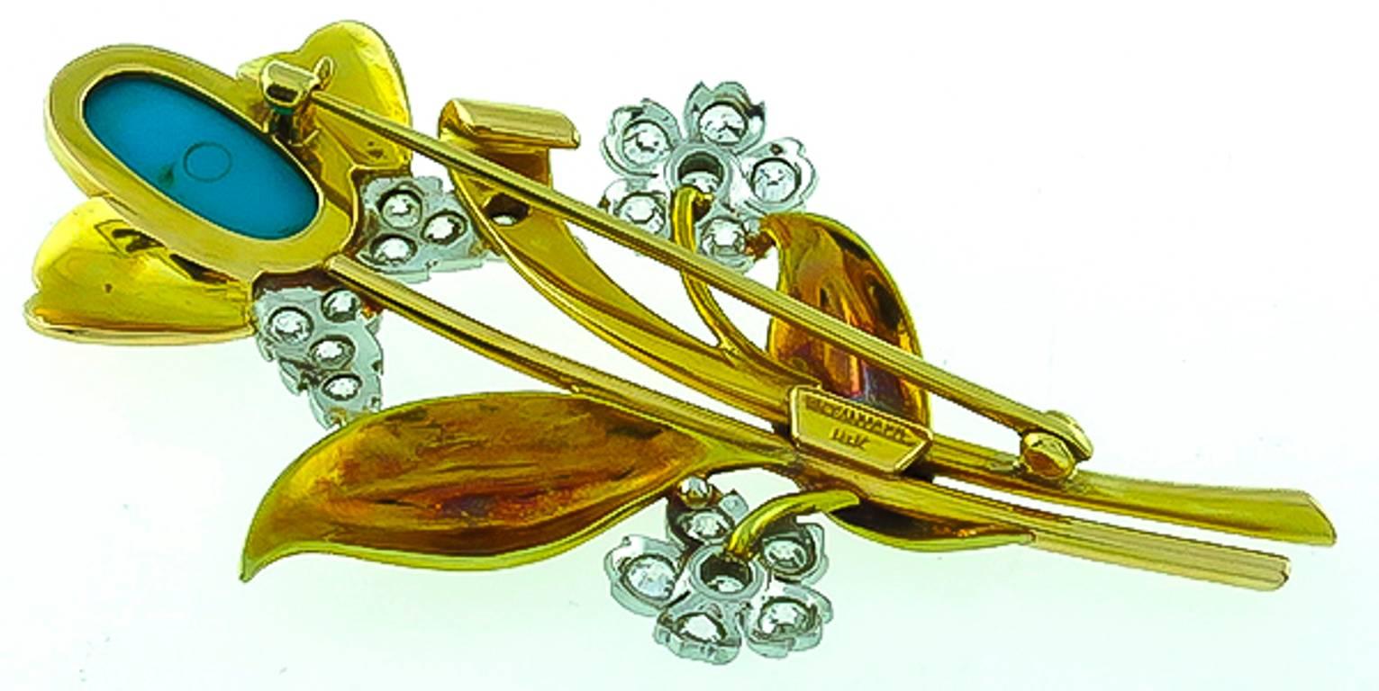 Tiffany & Co. Turquoise Diamond Gold Platinum Flower Pin Brooch In Excellent Condition In New York, NY