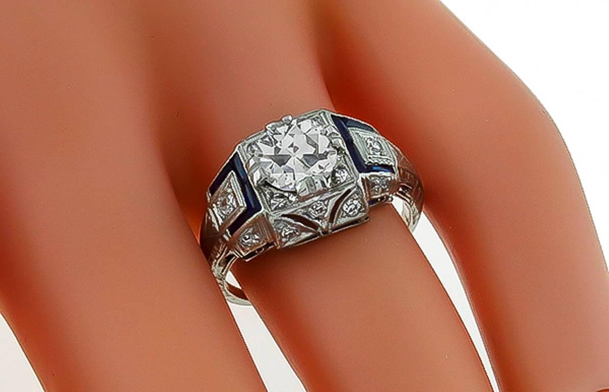 Women's or Men's 1.00 Carat Sapphire Diamond Platinum Engagement Ring