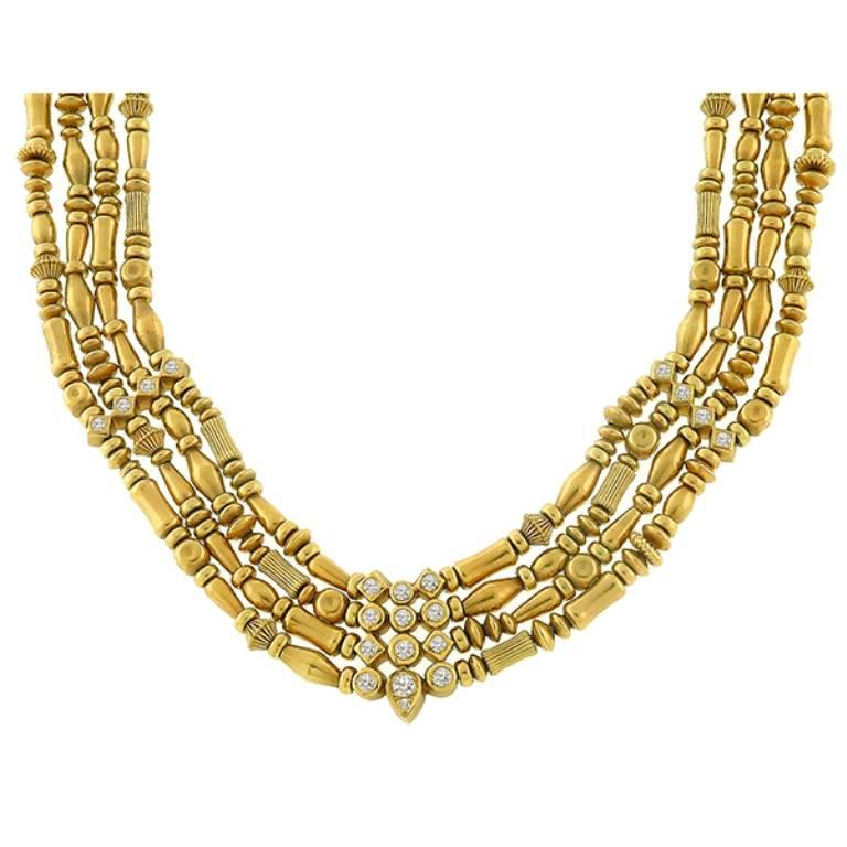 Women's or Men's Seidengang 4 Strand Diamond Gold Necklace