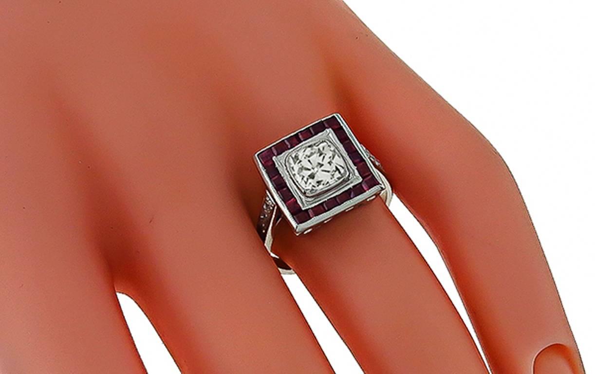 Art Deco 1.15 Carat Old Mine Cushion Cut Diamond Ruby Platinum Engagement Ring For Sale