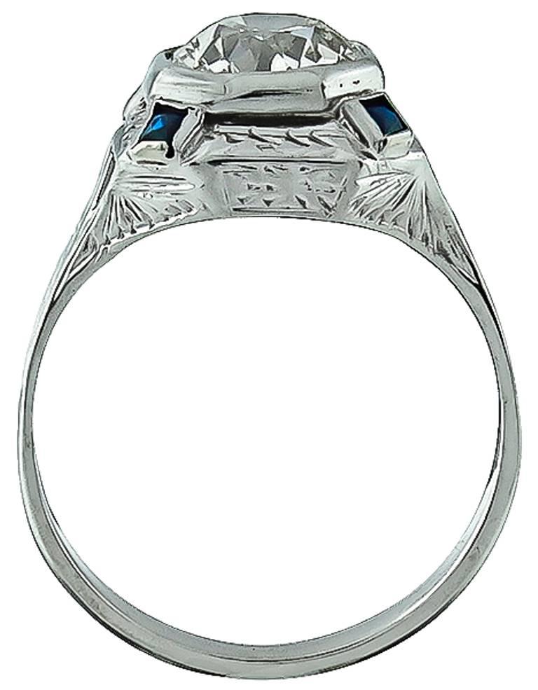 Old European Cut Art Deco 1.61 Carat Diamond Sapphire Gold Ring For Sale