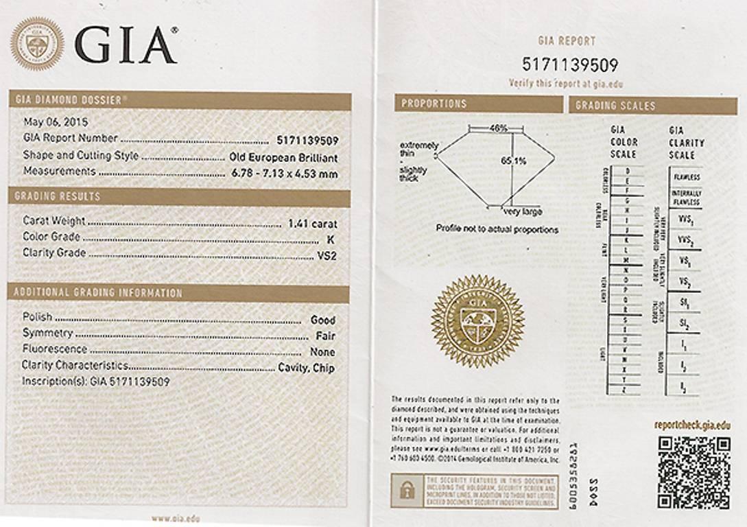 Taille vieille Europe Bague de fiançailles édouardienne en or avec diamant taille vieille Europe de 1,41 carat certifié GIA en vente