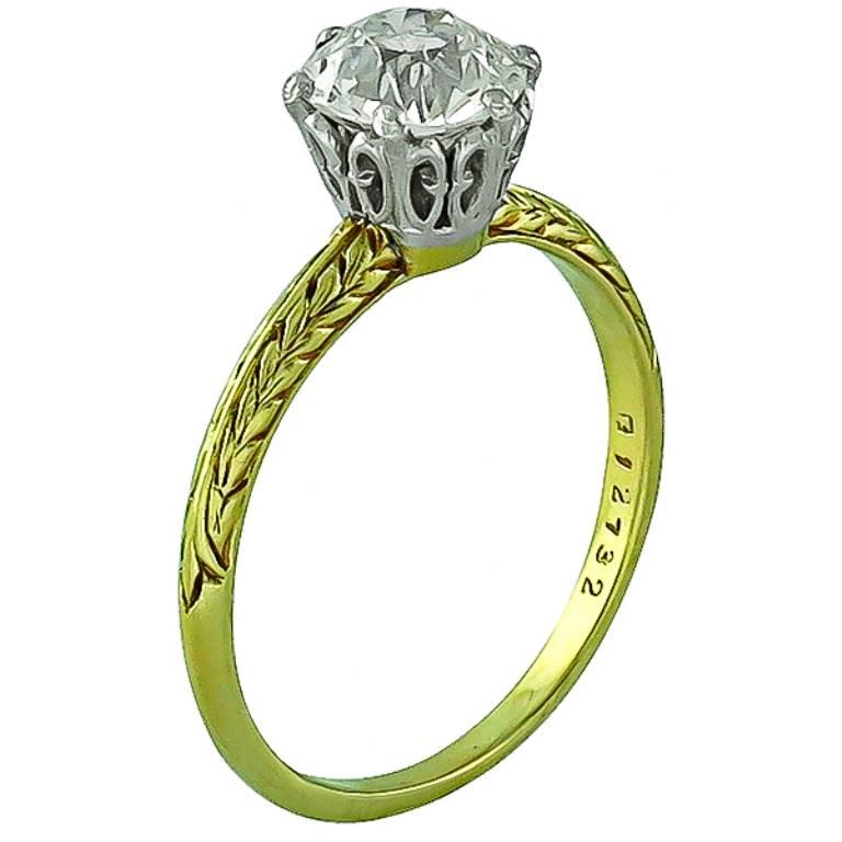 This amazing 18k yellow and white gold solitaire engagement ring from the Victorian era, is set with a sparkling GIA certified circular brilliant cut diamond that weighs 1.50ct. graded I color with VS2 clarity.
It is currently size 8 and can be