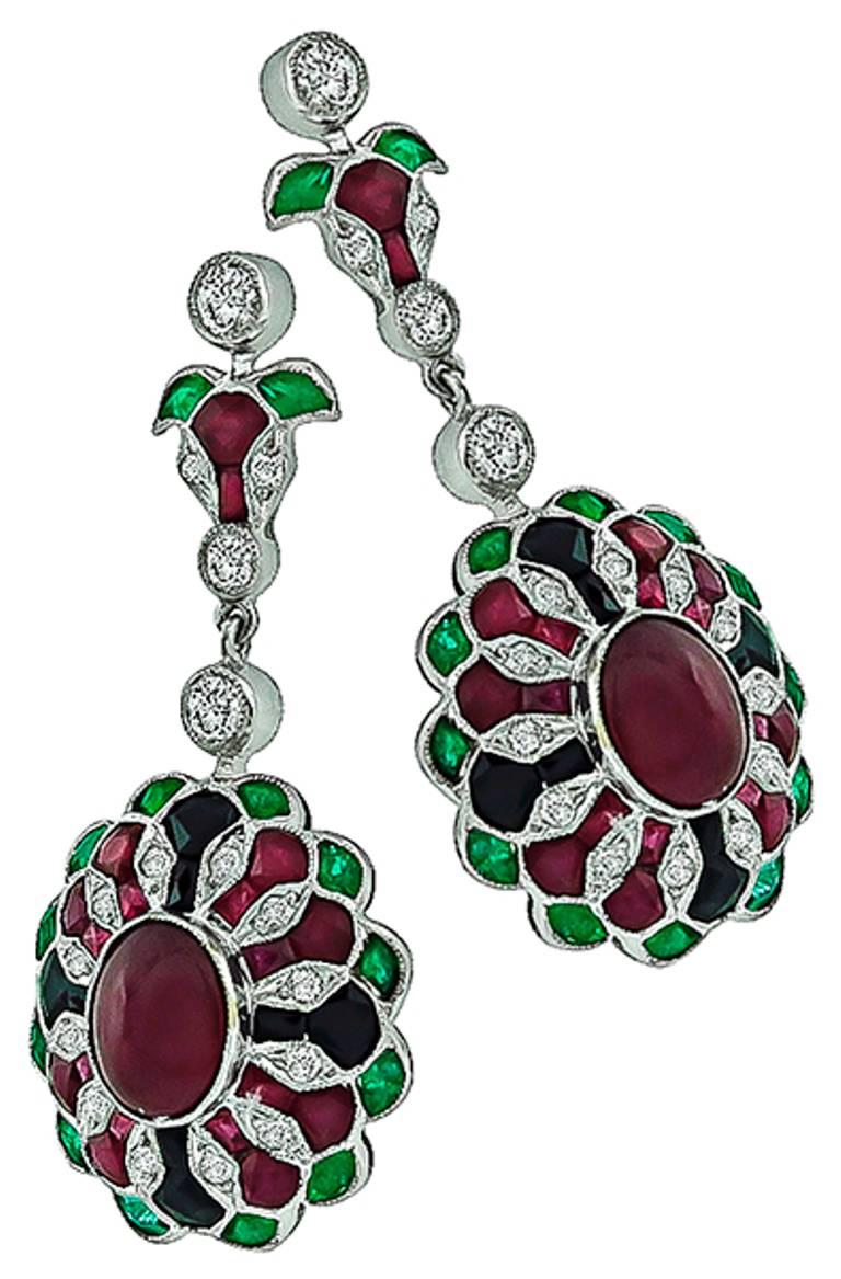 Stunning Ruby Diamond Onyx Emerald Gold Earrrings In Excellent Condition In New York, NY