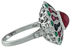1.76 Carat Cabochon Ruby Emerald Onyx Diamond Gold Ring