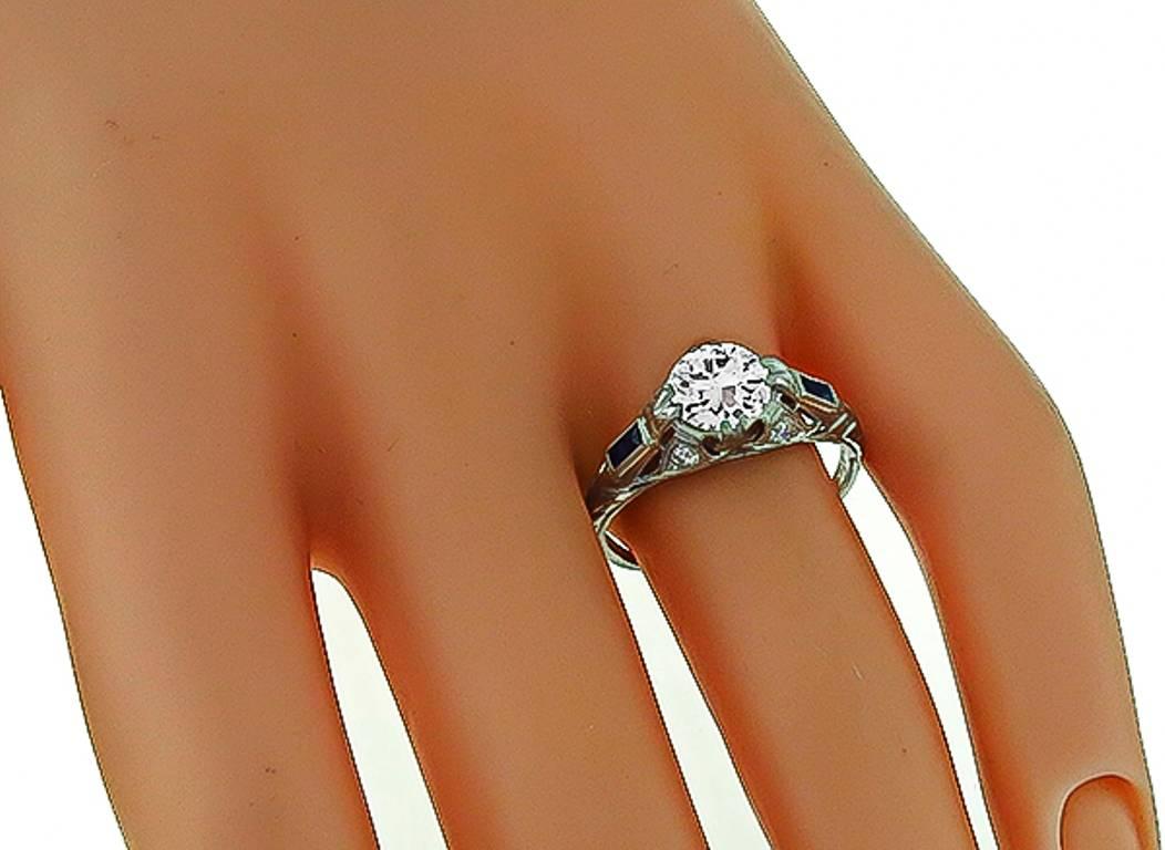 Art Deco 1.02 Carat Diamond Sapphire Platinum Engagement Ring For Sale