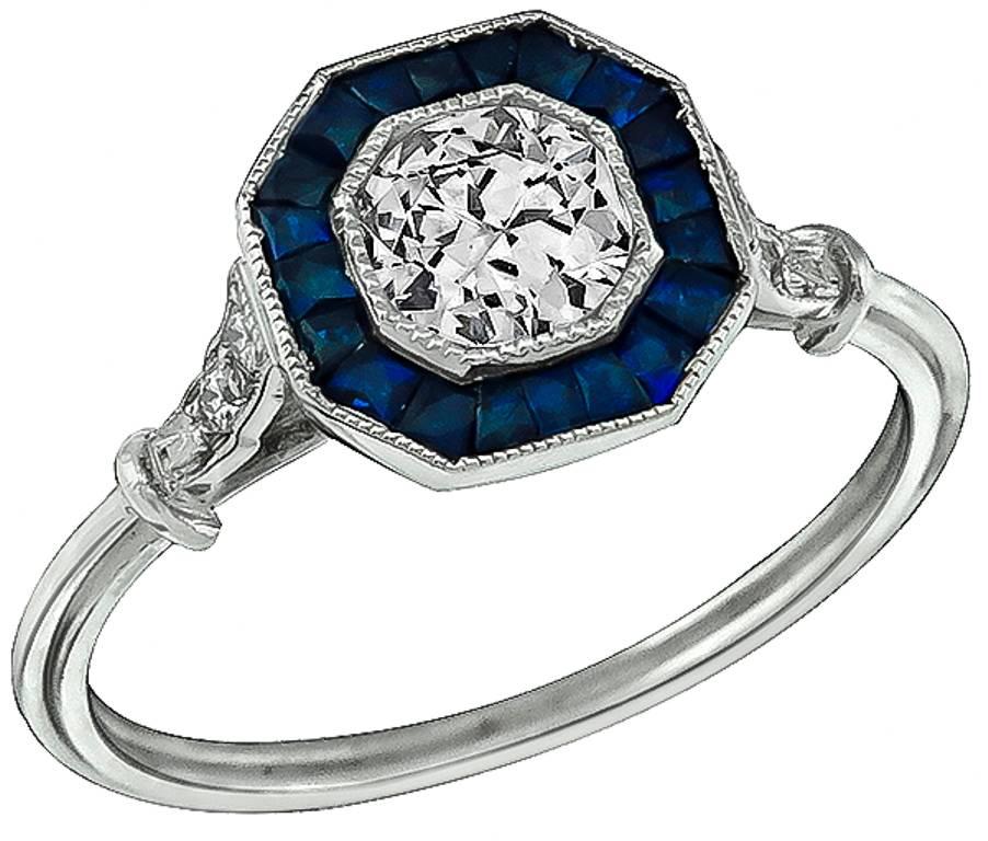 Art Deco Charming Sapphire Diamond Platinum Engagement Ring