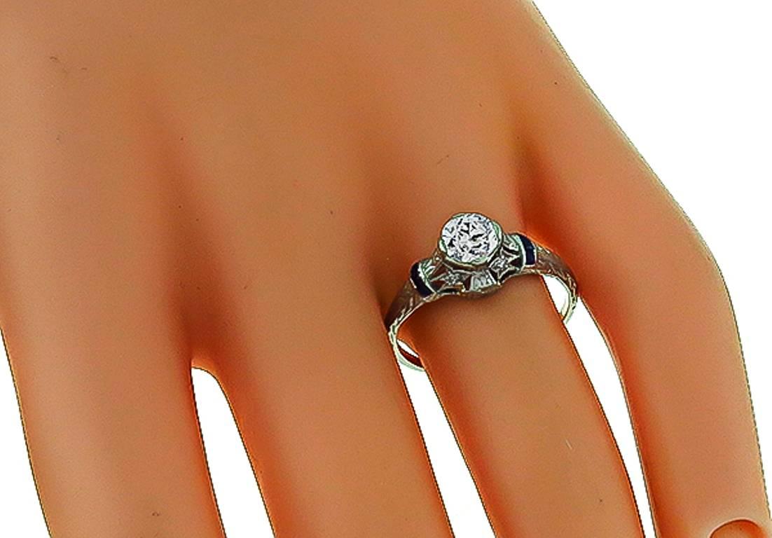 Art Deco 0.53 Carat GIA Diamond Sapphire Platinum Engagement Ring For Sale