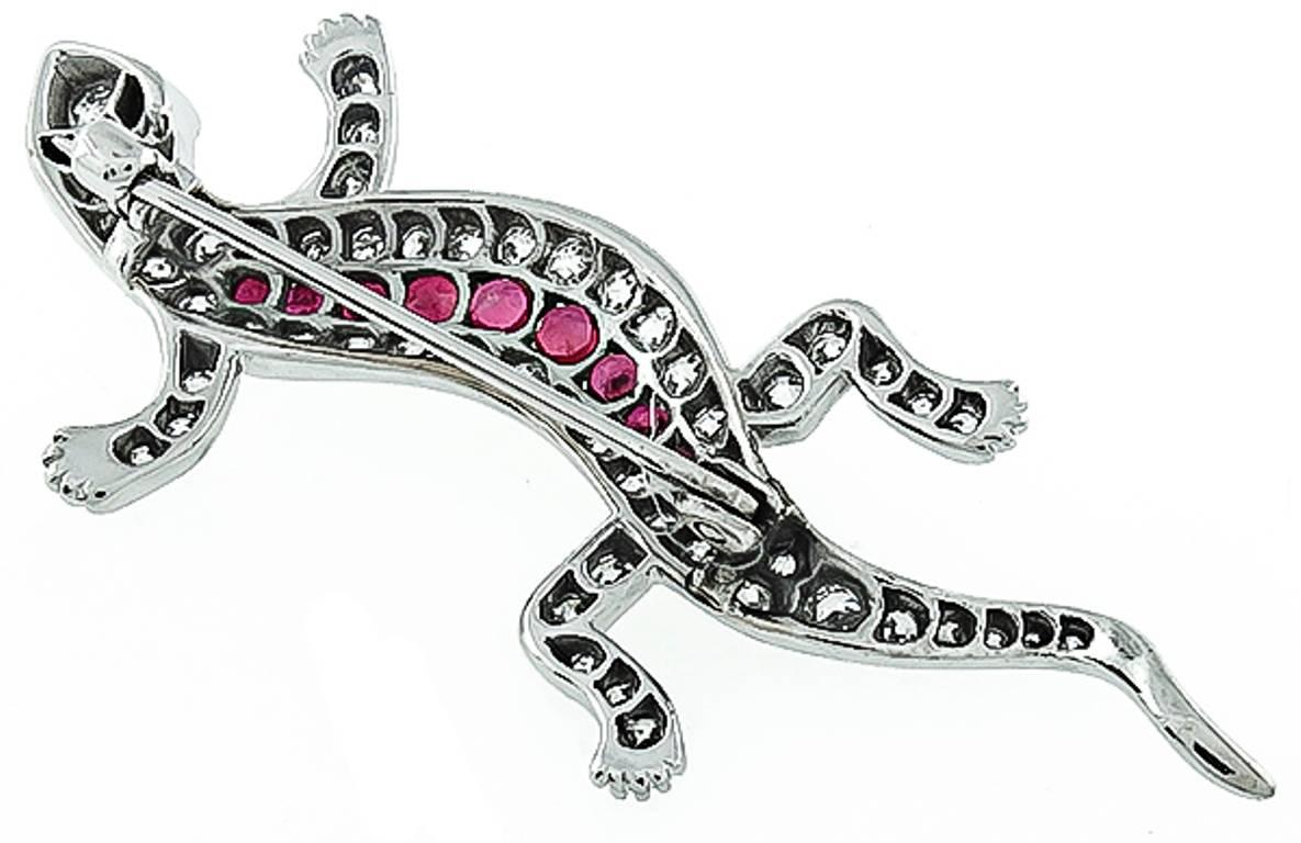 Diamond Ruby Gold Lizard Pin Brooch In New Condition For Sale In New York, NY