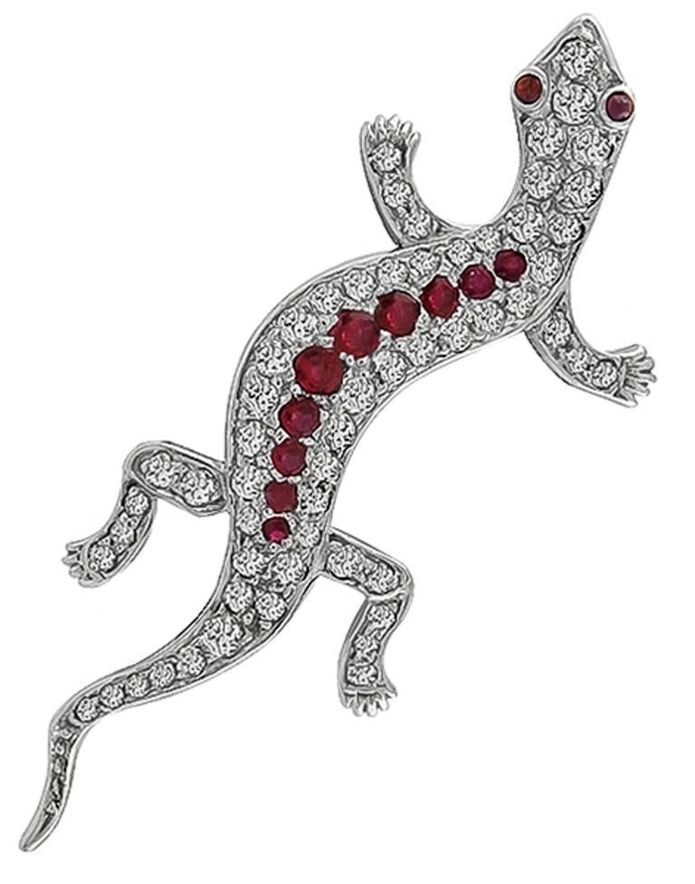 Women's or Men's Diamond Ruby Gold Lizard Pin Brooch For Sale