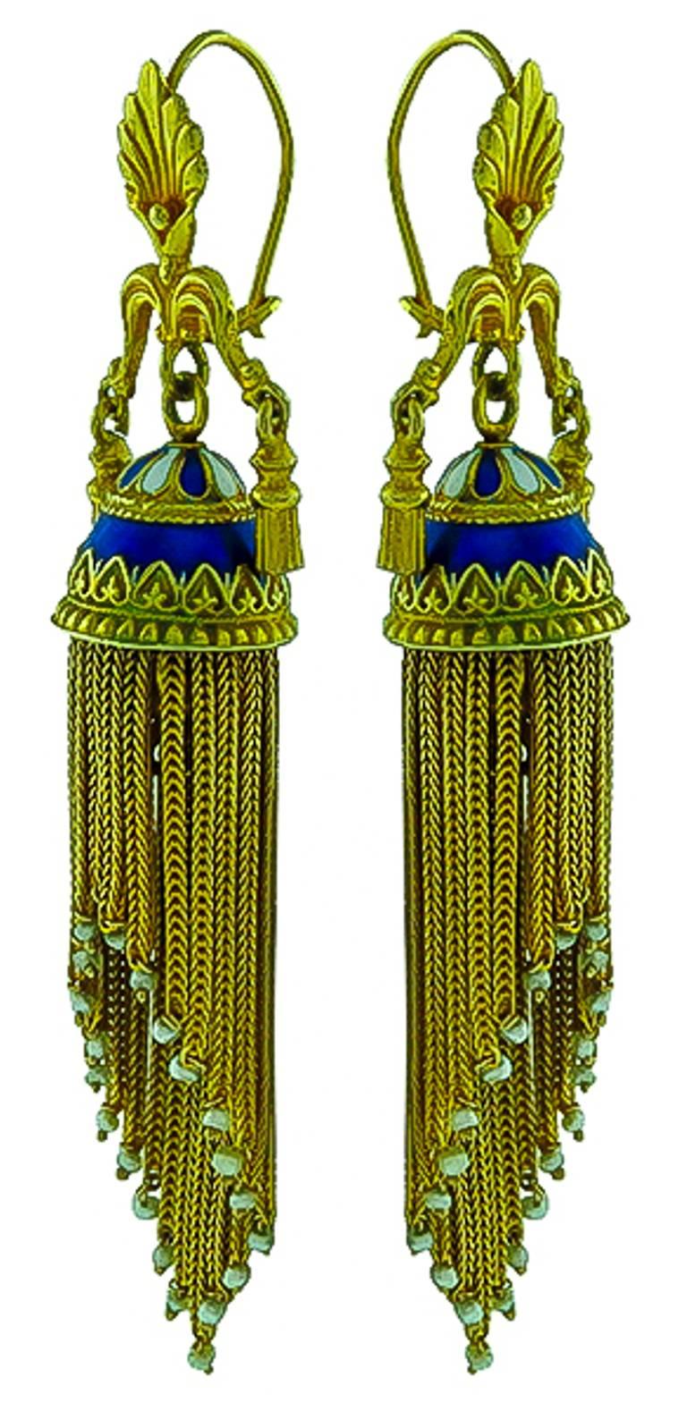 Victorian Enamel Seed Pearl Gold Tassel Earrings In Excellent Condition In New York, NY