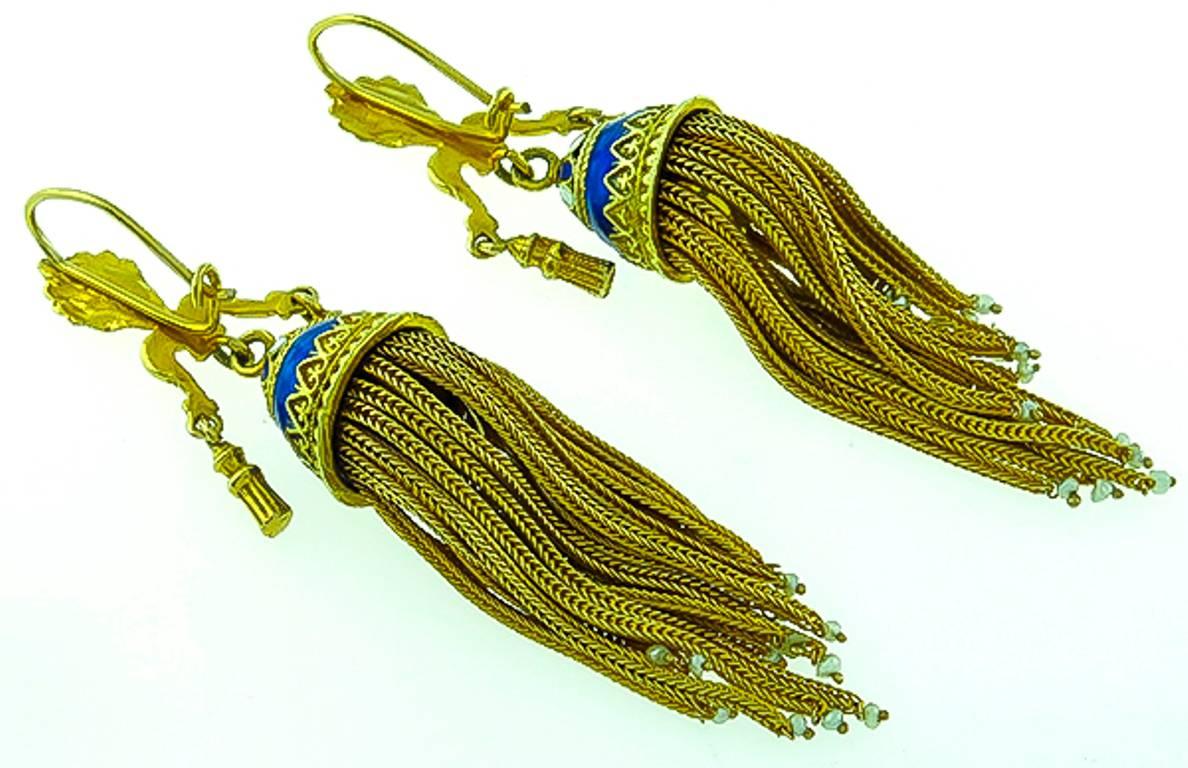 Women's or Men's Victorian Enamel Seed Pearl Gold Tassel Earrings