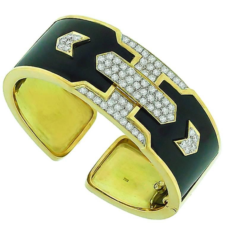 Women's or Men's 1980s Onyx Diamond Gold Cuff Bangle Bracelet