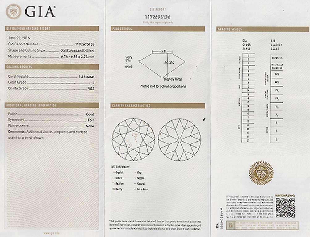 Taille vieille Europe Bague de fiançailles en or bicolore avec diamant européen ancien de 1,14 carat certifié par le GIA en vente