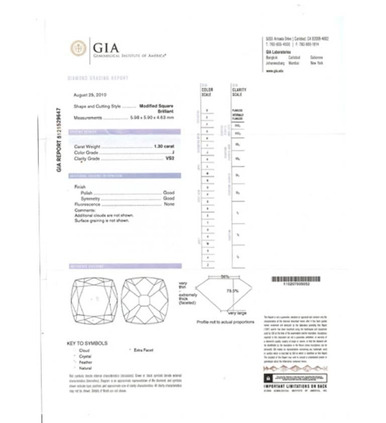 Round Cut 1.30 Carat GIA Certified Square Brilliant Cut Diamond Platinum Engagement Ring For Sale