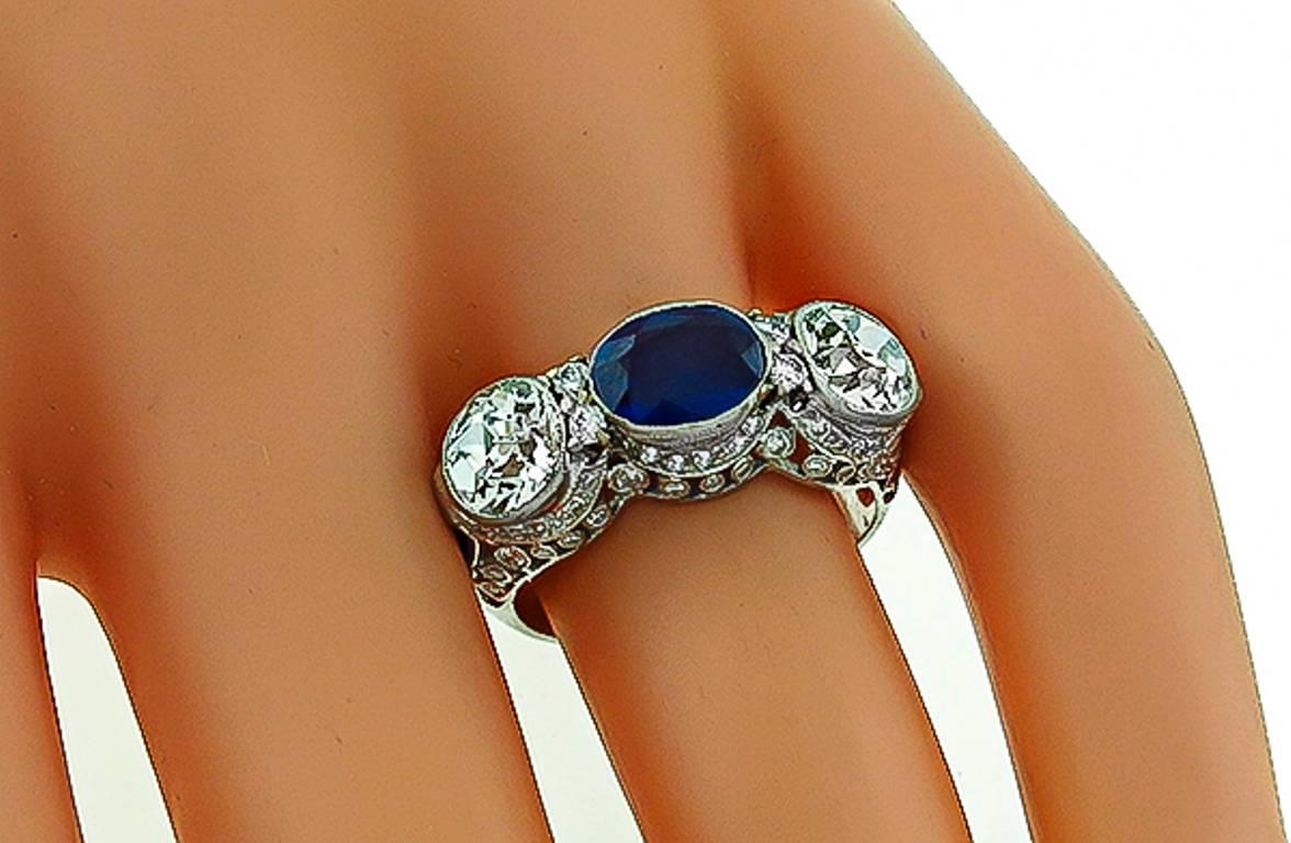 Art Deco Sapphire Diamond Platinum Three Stone Ring For Sale