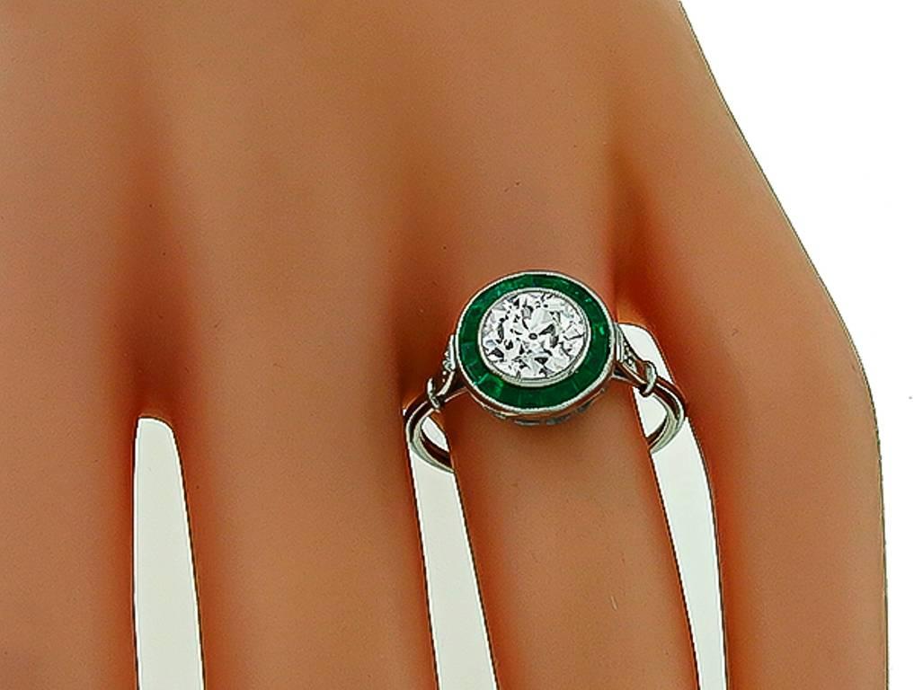 Art Deco Remarkable 1.29 Carat Diamond Emerald Halo Platinum Engagement Ring