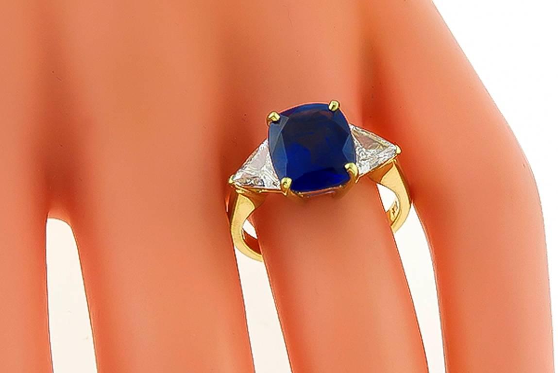 3.98 Carat Cushion Cut Sapphire Diamond Gold Engagement Ring In Excellent Condition In New York, NY