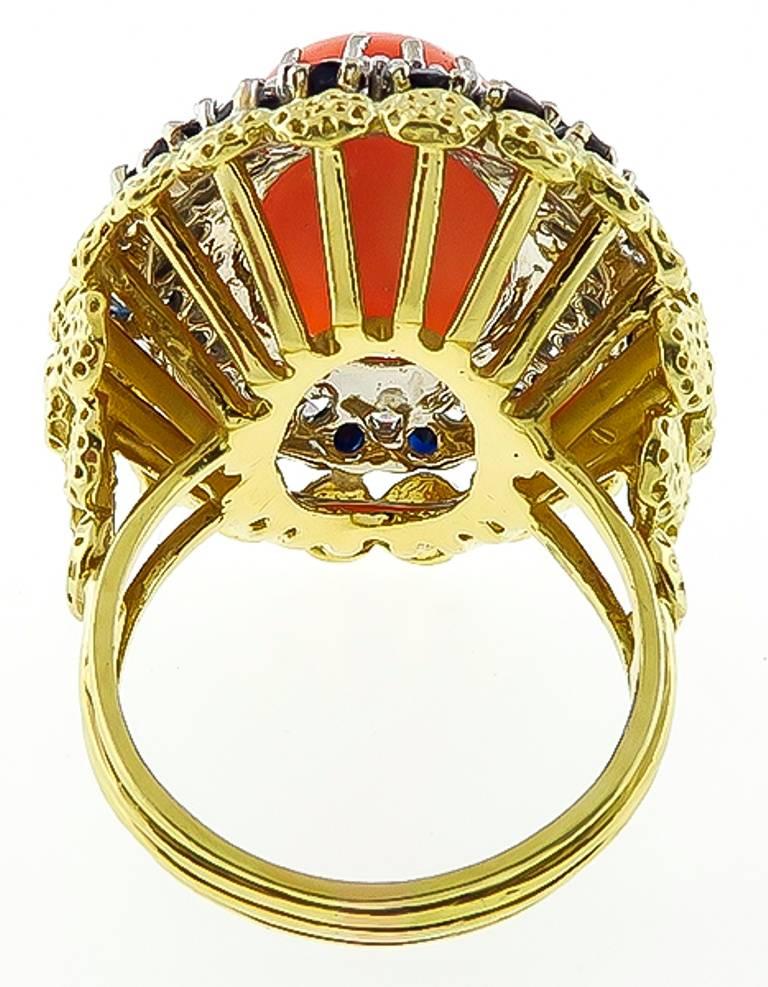 Women's or Men's Coral Sapphire Diamond Gold Ring