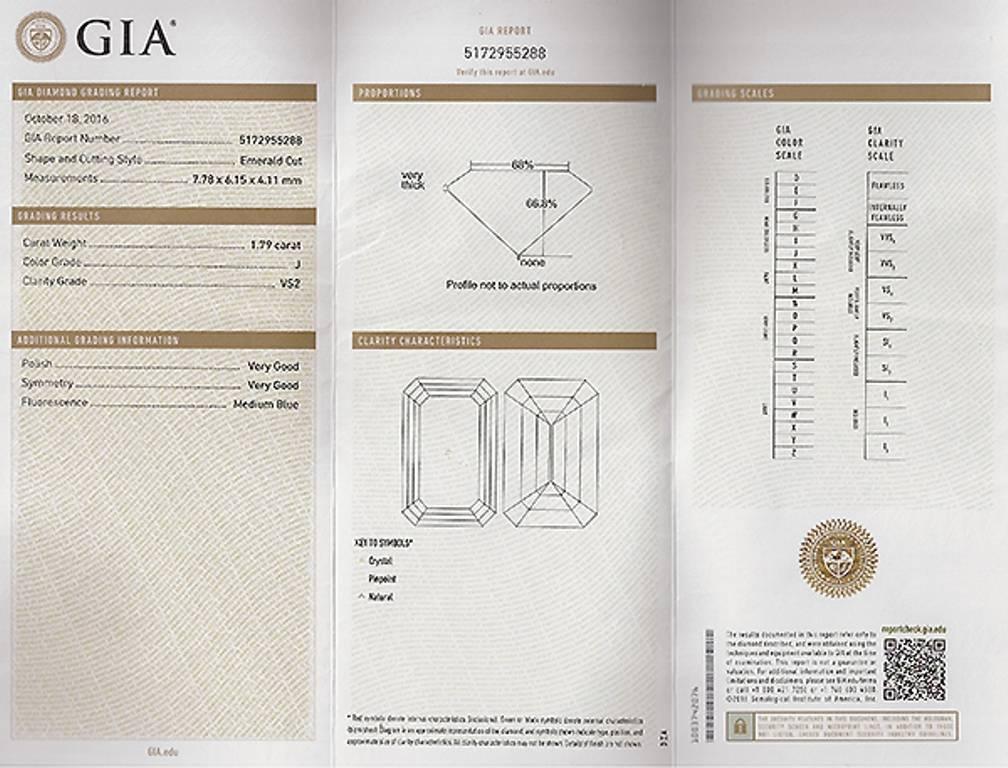 1.79 Carat GIA Certified Emerald Cut Diamond Engagement Ring In New Condition For Sale In New York, NY