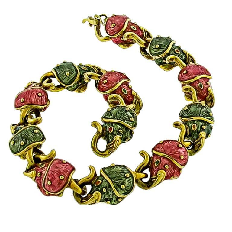 Hidalgo Elefantenkettenarmband aus Gelbgold mit Emaille für Damen oder Herren im Angebot