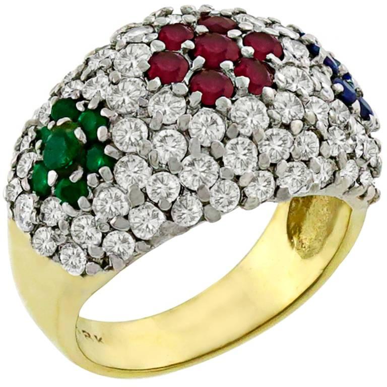 Diamond Ruby Emerald Sapphire Gold Cluster Ring In Excellent Condition In New York, NY