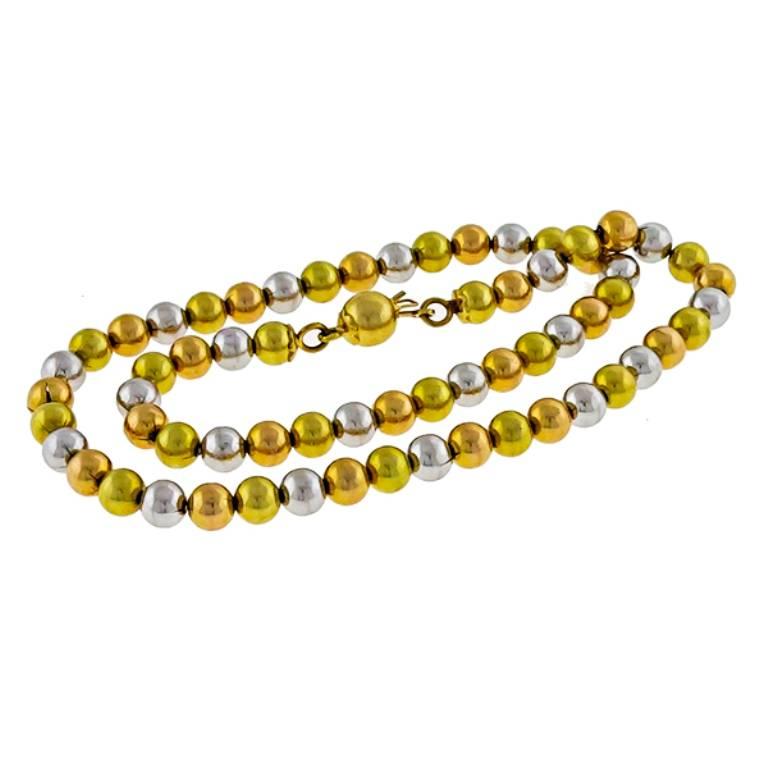 Charming Tri Color Gold Bead Necklace In Excellent Condition In New York, NY