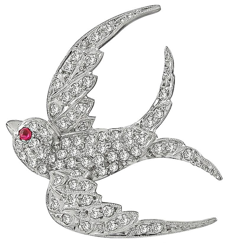 Edwardian Diamond Platinum Bird Pin Brooch In Excellent Condition In New York, NY
