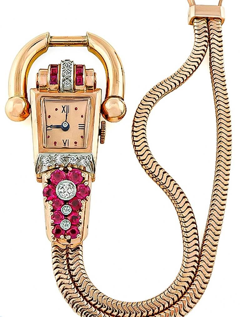 Retro Mid 20th Century Diamond Ruby Gold Watch