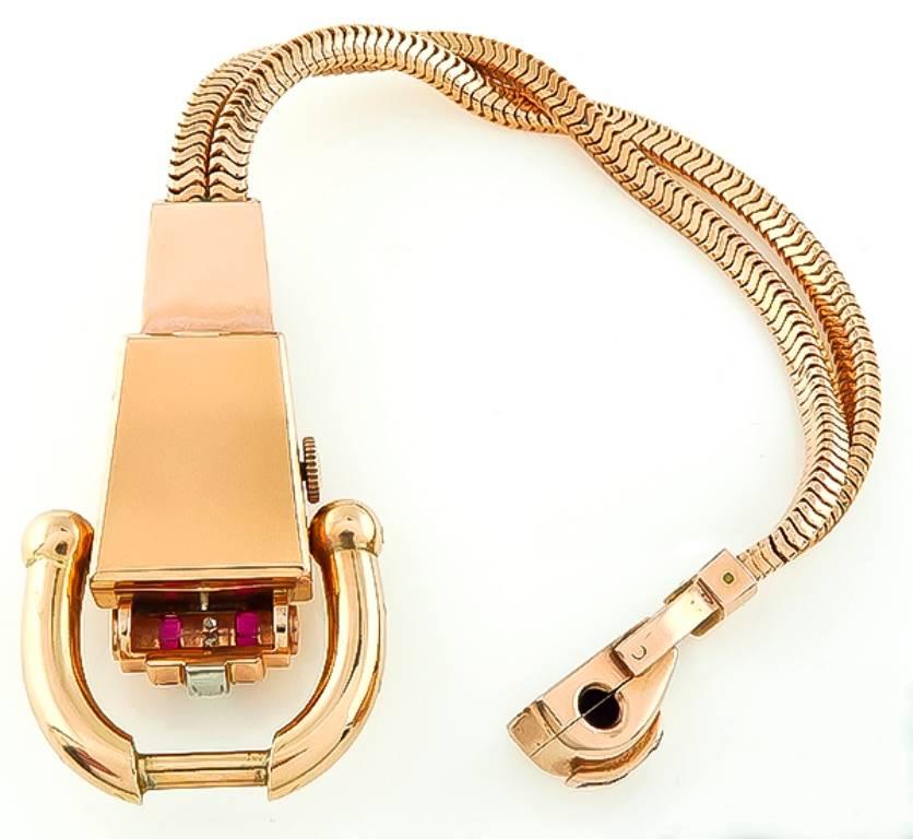 Mid 20th Century Diamond Ruby Gold Watch In Excellent Condition In New York, NY