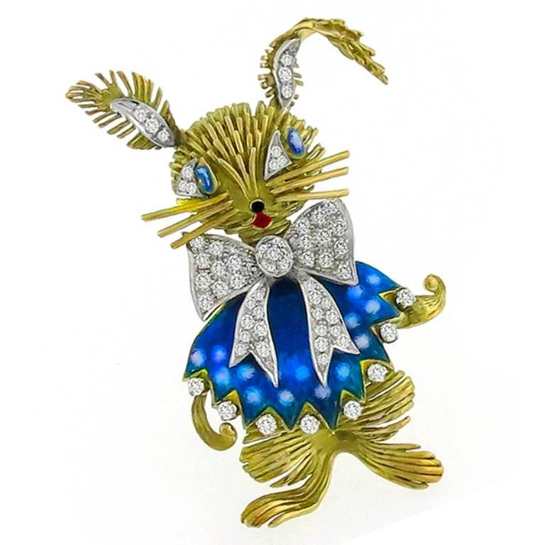 Men's 1950s Enamel Diamond Gold Hare Pin Brooch