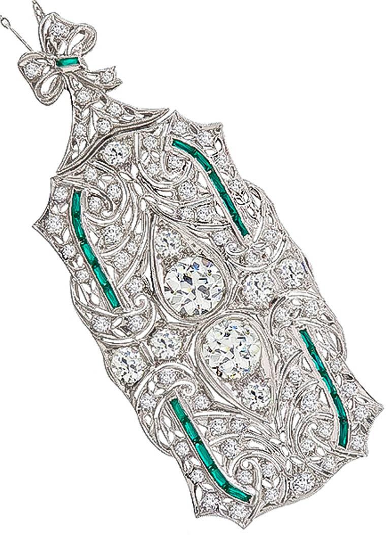 Art Deco Emerald Diamond Platinum Pin Pendant Necklace In Excellent Condition In New York, NY
